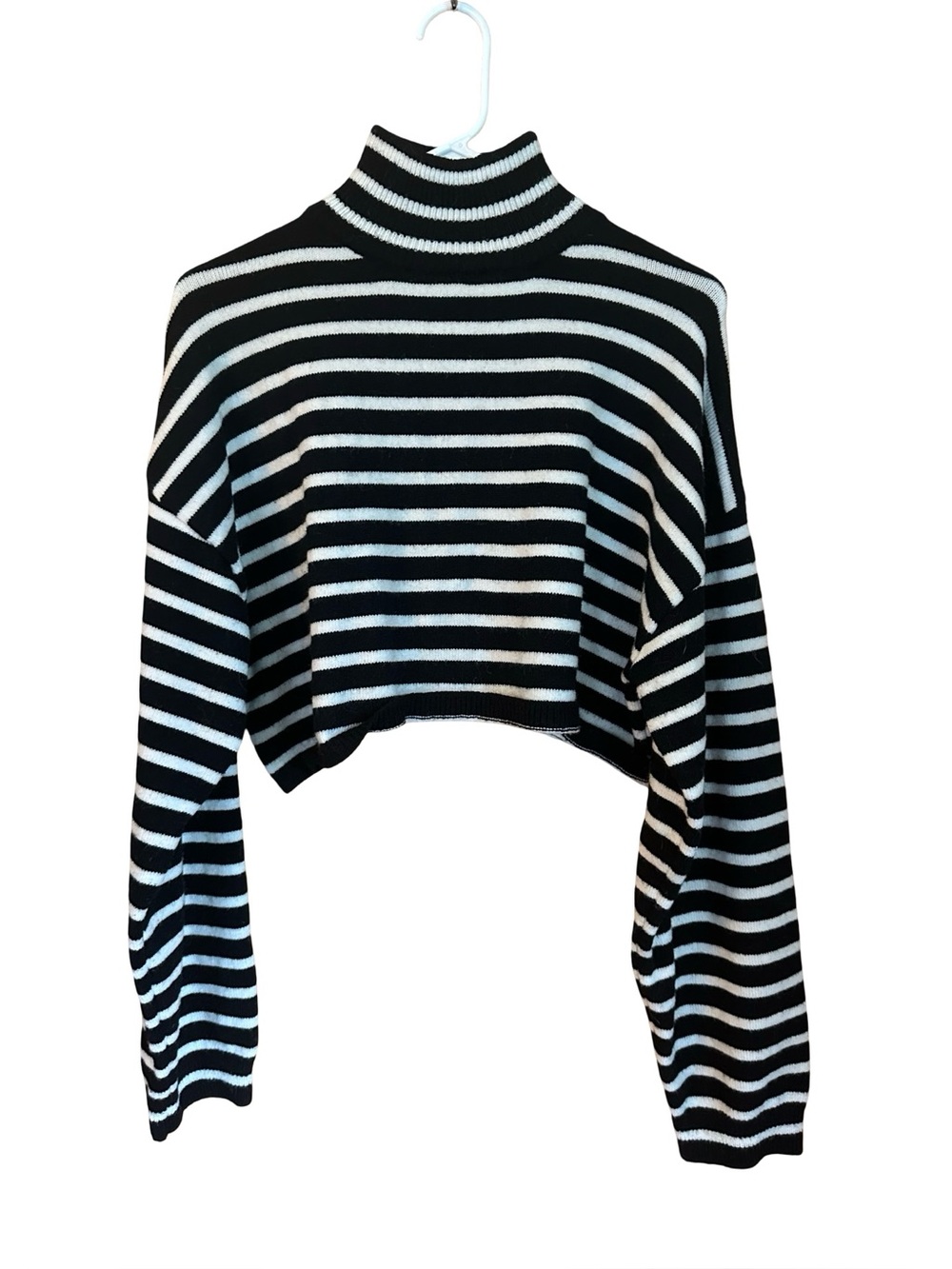 Cider Cropped Turtleneck Sweater Black and White Striped XL